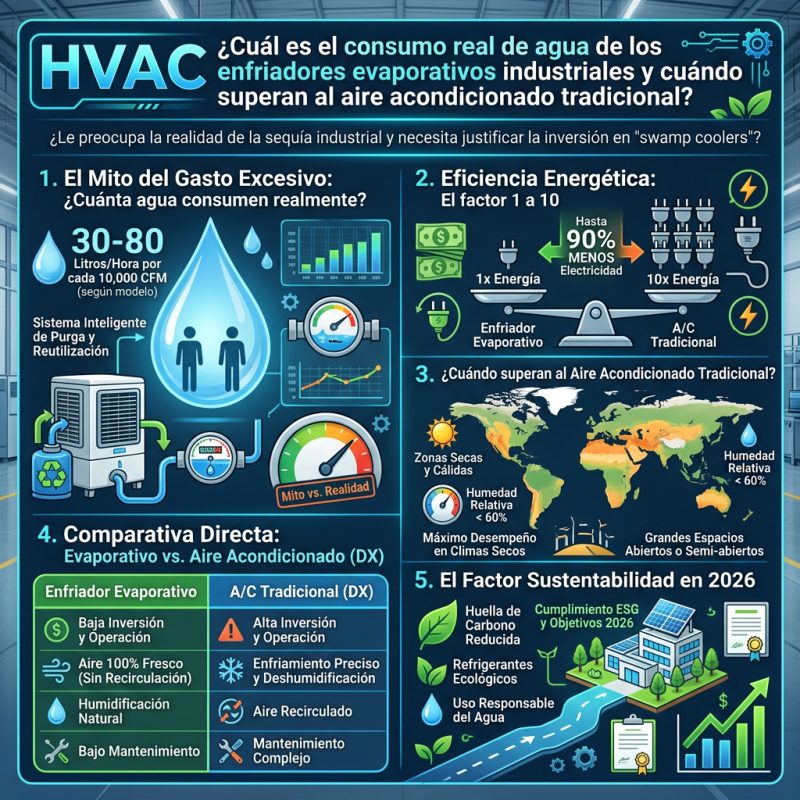HVAC ¿Cuál es el consumo real de agua de los enfriadores evaporativos industriales y cuándo superan al aire acondicionado tradicional?